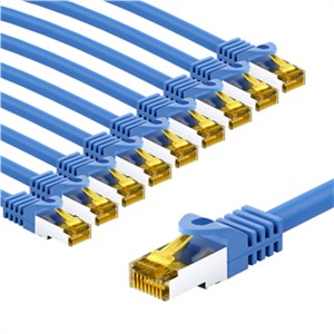 RJ45 Patch Cord CAT 6A S/FTP (PiMF), 500 MHz, with CAT 7 Raw Cable, 5 m, blue, Set of 10