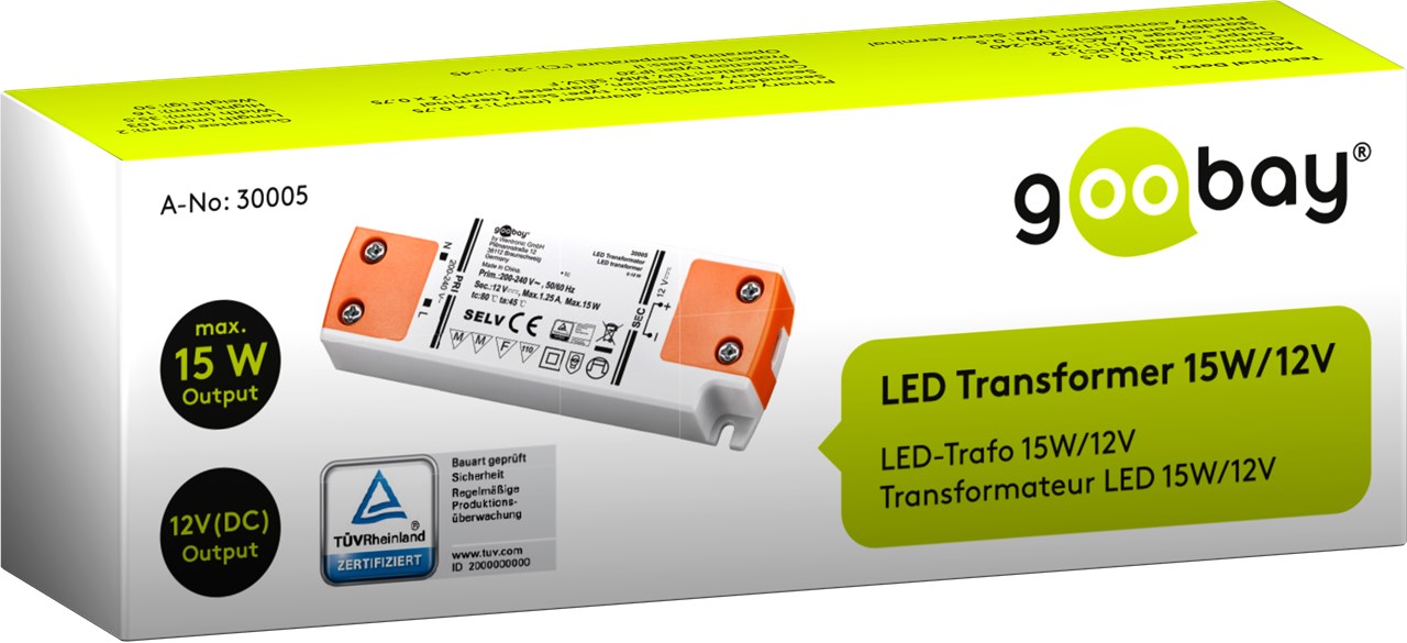 Transformateur LED, 12 V c.c., 0 - 15 W