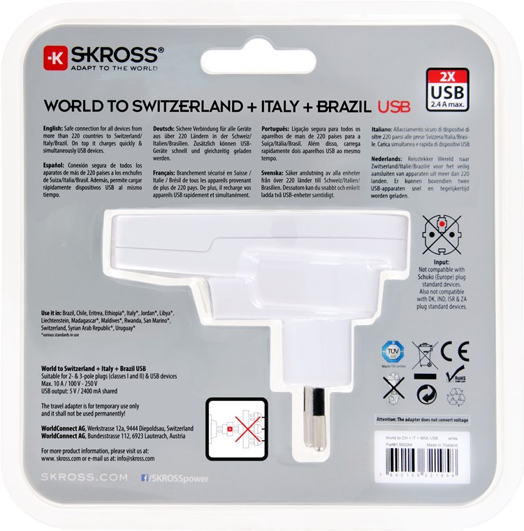 SKROSS Reiseadapter World - Schweiz/Italien/Brasilien max. 10A mit