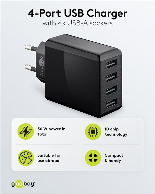4-fach USB-Ladegerät (30 W) schwarz | Elektronik-Zubehör Großhändler mit  Top-Marken | Wentronic