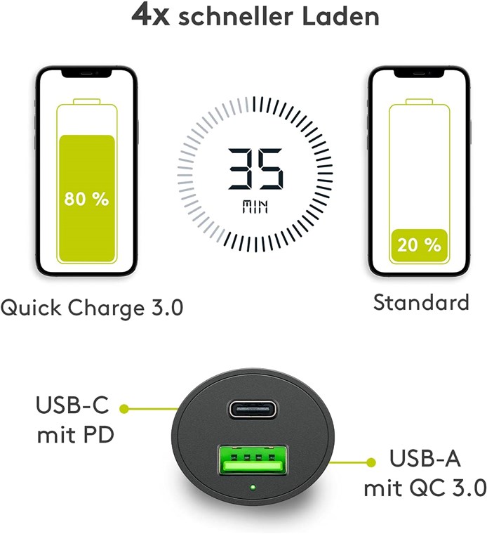 Dual-USB Auto Schnellladegerät USB-C™ PD Power Delivery, 48W, 12/24V USB-A  / USB-C™ geeignet für Geräte mit USB-C™ (Power Delivery) wie z.B. iPhone 12