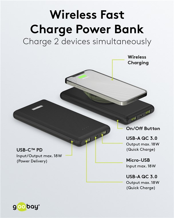 10,000mAh Wireless Charging Power Bank w/Type-C PD 2.0, QC 3.0 Quick C