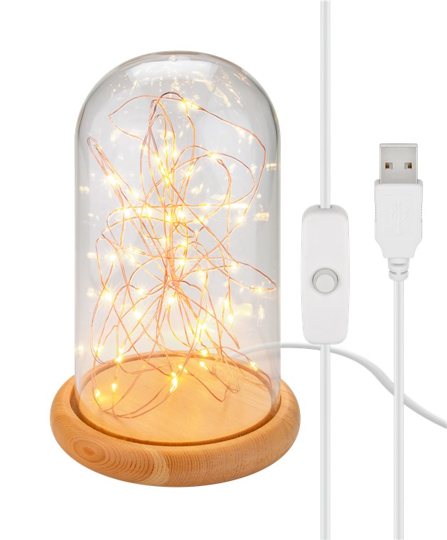 LED-Glasglocke mit Lichterkette, 60 warm-weiße LEDs, batteriebetriebe