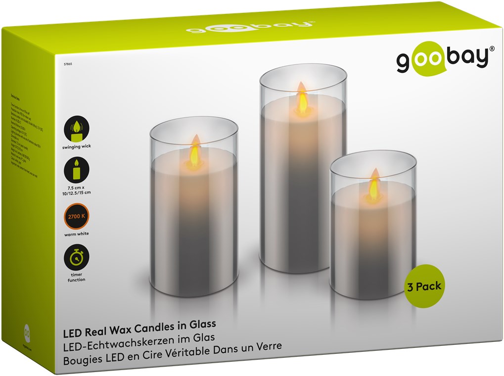 Set of 3 LED Real Wax Candles Glass |