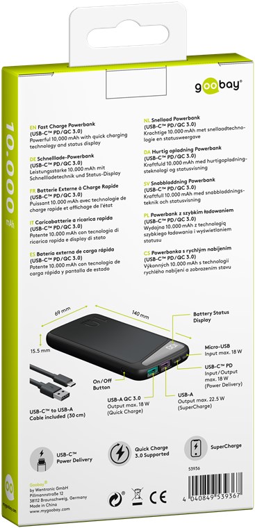 Batería externa de carga rápida de 20 000 mAh (USB-C™ PD, QC 3.0)