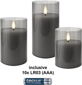 Set di 3 candele a LED in vera cera in vetro, grigio-trasparente, incl. 10x AAA (LR03)
