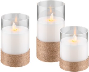 Kit de 3 Bougies LED en Cire Véritable dans un Verre, Blanc, Enveloppé de Chanvre