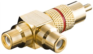 Adattatore RCA a Y; connettore a 2 prese; struttura in oro; rosso