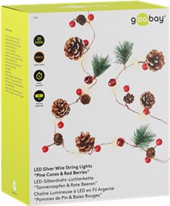 20 LED catena luminosa a filo d'argento "Pigne & bacche rosse"
