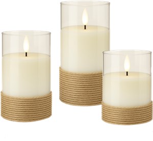 Set di 3 candele di cera vera a LED in vetro, bianco, avvolto in canapa