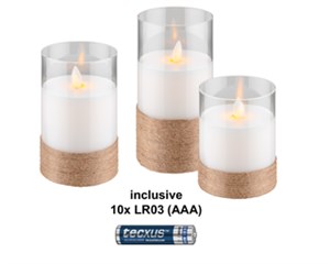 Kit de 3 Bougies LED en Cire Véritable dans un Verre, Blanc, Enveloppé de Chanvre, incl. 8x AA (LR6)
