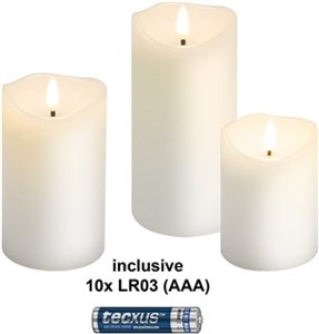 Set of 3 LED Real Wax Candles, white, incl. 10x AAA (LR03)