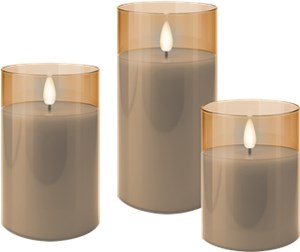 Set di 3 candele a LED in vera cera in vetro, oro-trasparente