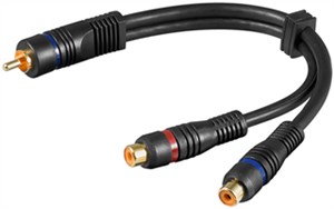 Audio Y Cable Adapter, 1x Stereo RCA Male to 2x RCA Female, OFC, Double-Shielded