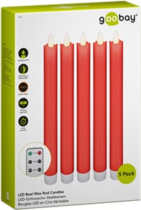 Set of 5 Red LED Real Wax Rod Candles, incl. Remote Control