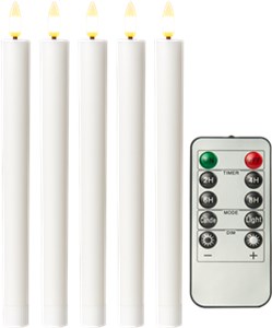 Set of 5 White LED Real Wax Rod Candles, incl. Remote Control
