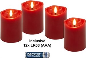 Kit de 4 Bougies LED en Cire Véritable, rouge, incl. 12x AAA (LR03)