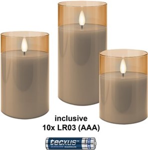Kit de 3 Bougies LED en Cire Véritable dans un Verre, Or-Transparent, incl. 10x AAA (LR03)