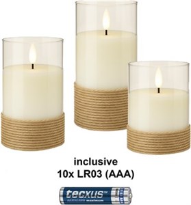 Kit de 3 Bougies LED en Cire Véritable dans un Verre, Blanc, Enveloppé de Chanvre, incl. 8x AA (LR6)